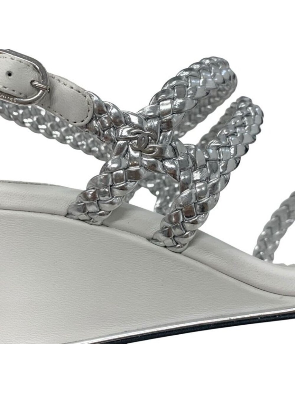 Chanel Sandals Shoes Leather Silver White Strap Braided Wedge Sole - Picture 9 of 9